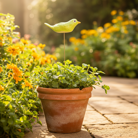 Ceramic bird garden stake mockup