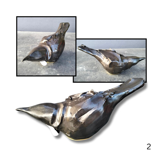 Handcrafted clay Tui sculpture Option 2 by Kylie Matheson, glossy black finish with white throat detail