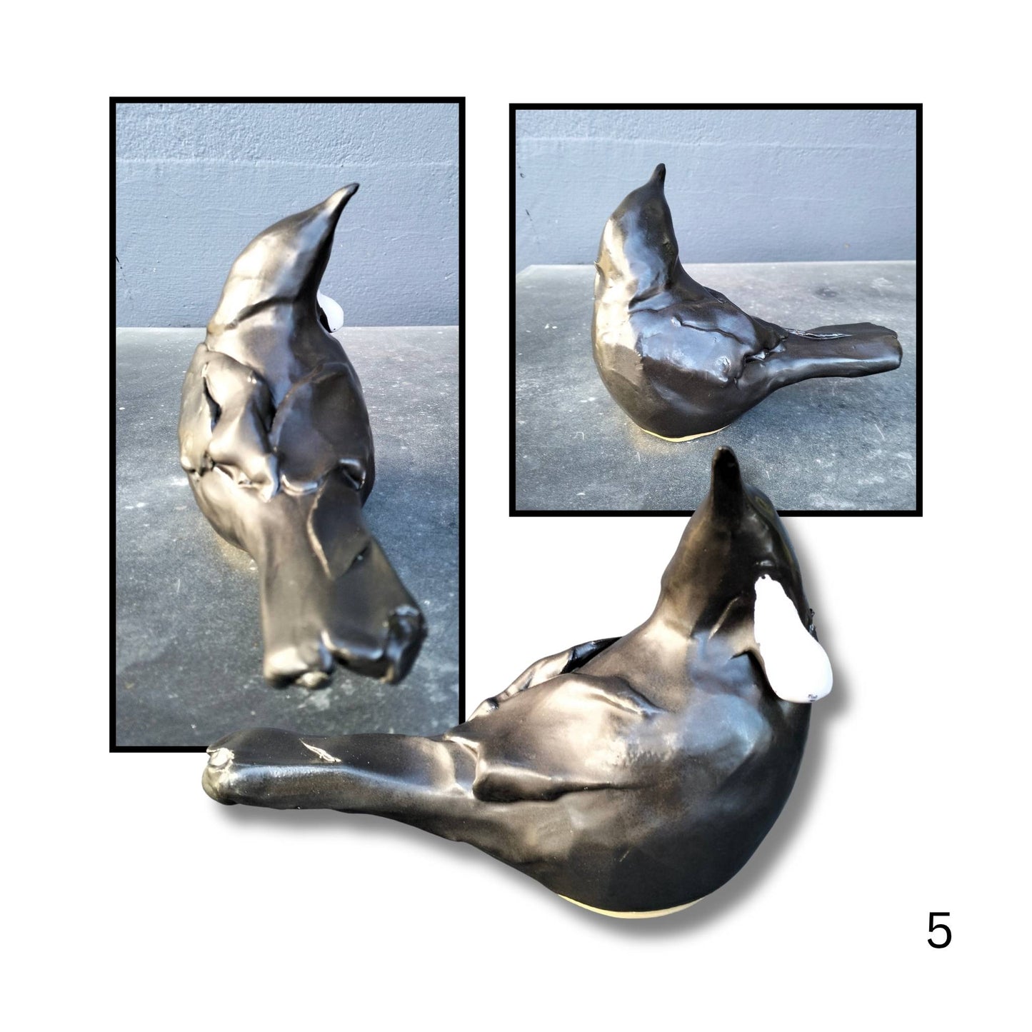 Option 5 – Unique handcrafted Tui sculpture in black clay by Kylie Matheson, finished with signature white throat tuft