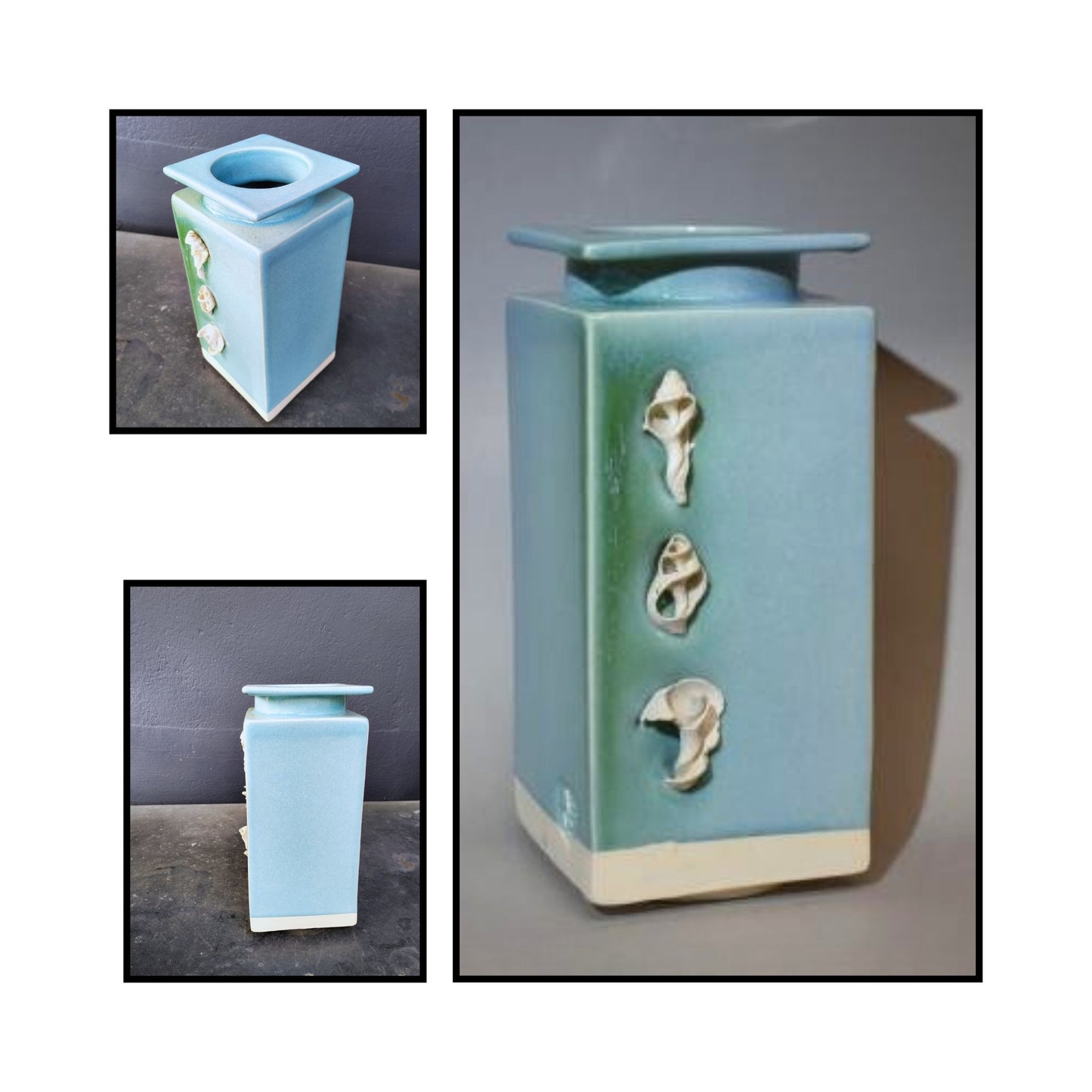 Handmade ceramic vase by Greg Melville with chun blue glaze and three raised shell forms on the front, curved silhouette with stoneware base.