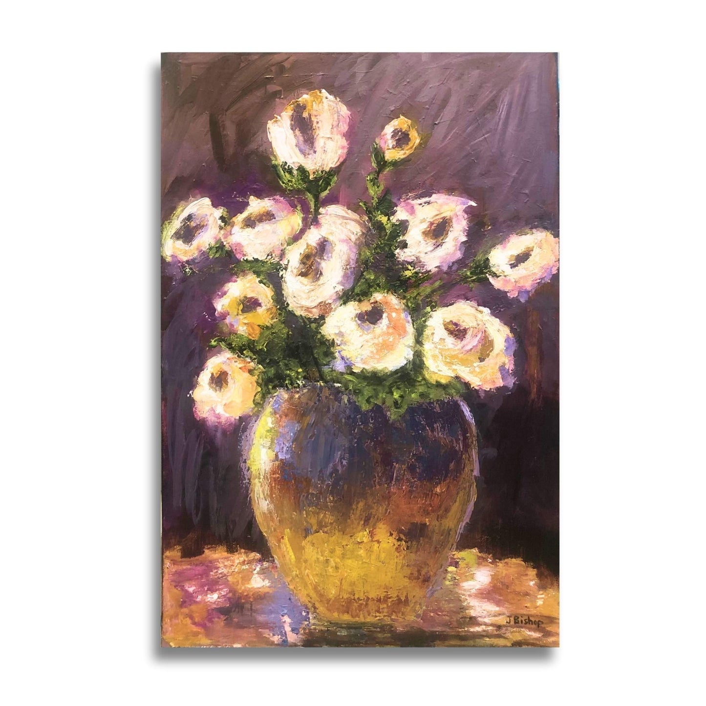 Clay Pot of Flowers by Jenny Bishop – original floral oil painting on canvas, shown on a white background
