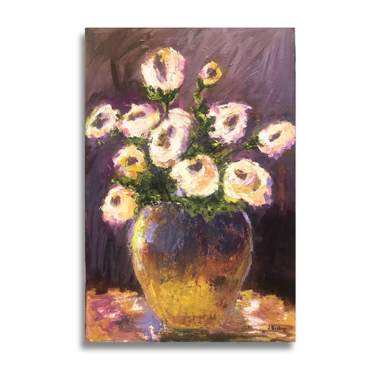 Clay Pot of Flowers by Jenny Bishop – original floral oil painting on canvas, shown on a white background