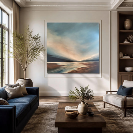 Tut Blumental Clouds Holding Secrets large landscape painting hung in a contemporary New Zealand home interior, Red Peach Gallery Napier