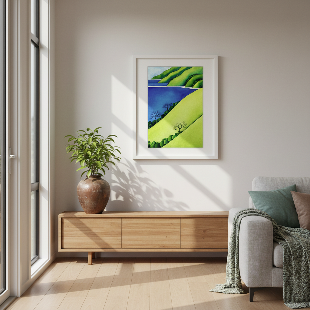 Coastal Calm by Raewyn Harris displayed in a contemporary NZ home interior, bold graphic watercolour landscape in lime green and cobalt blue