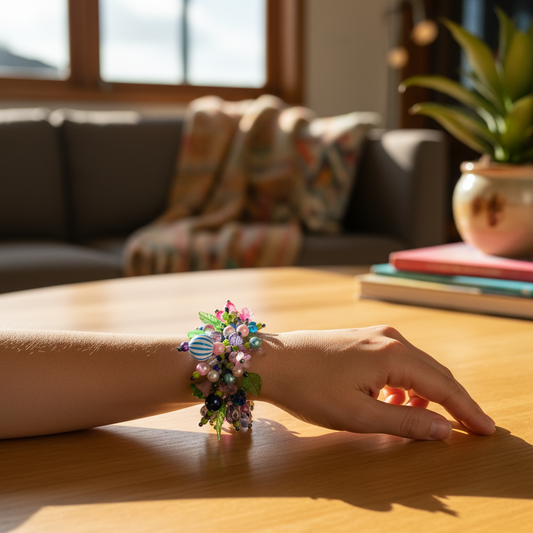 Colorful beaded bracelet with glass charms lifestyle mockup