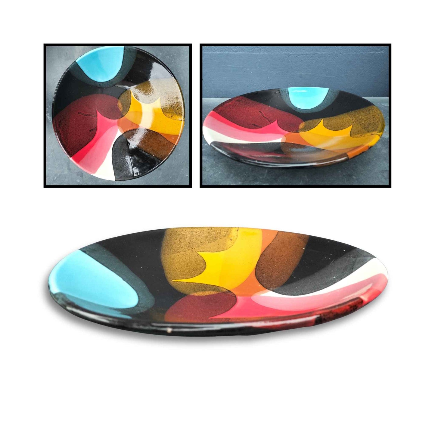Large handmade ceramic bowl by Brian Gartside with layered abstract glaze in blue, red, white, black, yellow, and brown.