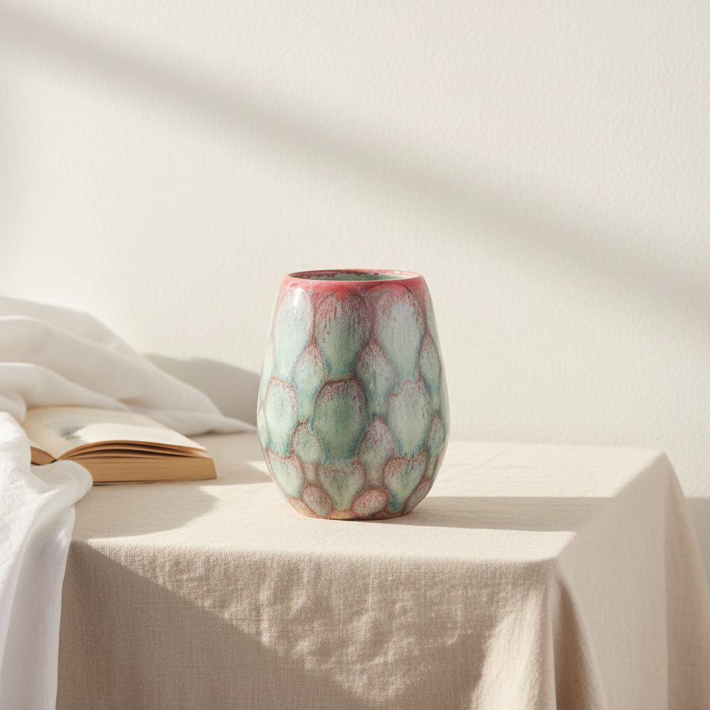 Multi-colored ceramic vase with dripping glazes by Karene Fairey styled on wooden shelf with natural light