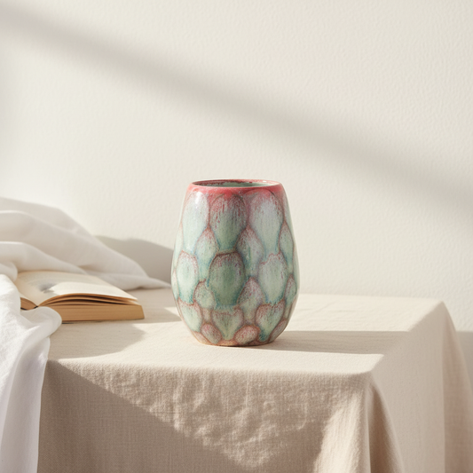 Multi-colored ceramic vase with dripping glazes by Karene Fairey styled on wooden shelf with natural light