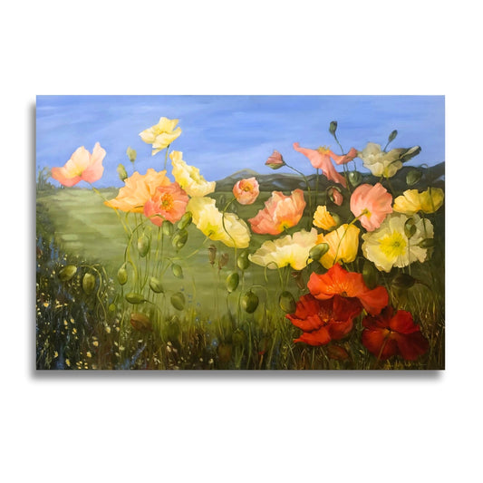Country Garden by Nola Weber – original floral landscape oil painting on canvas, shown on a white background.