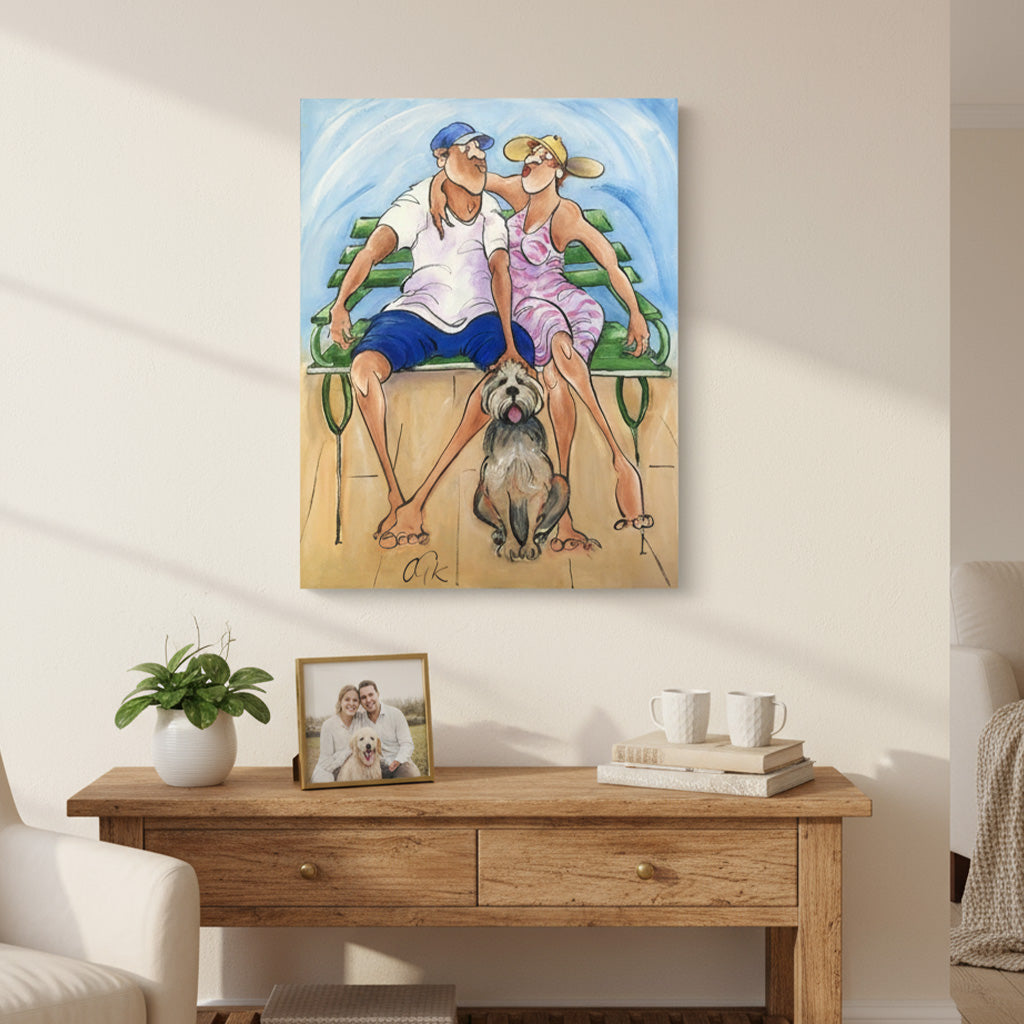 A painting of a couple with their dog above a side board in the home, artist Chloe King