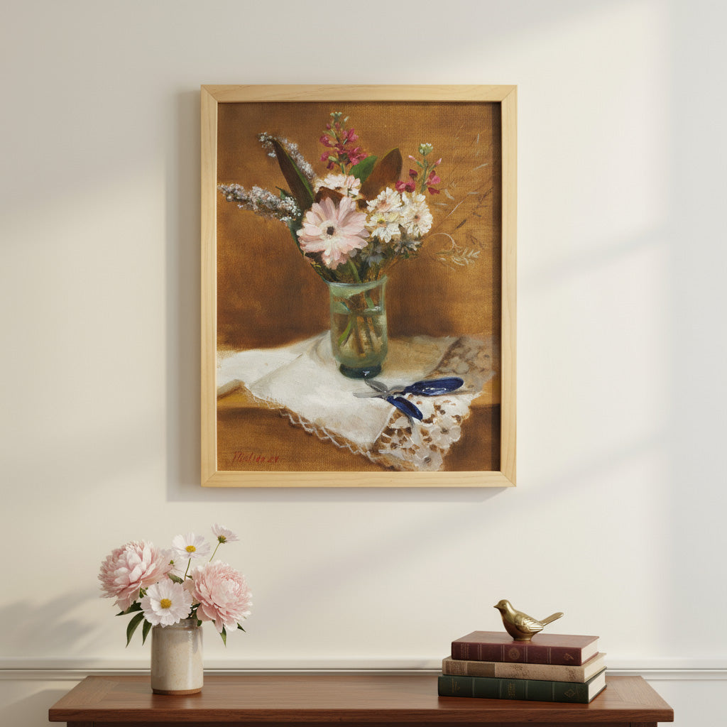 Cut Flowers - classical oil painting by Tatyana Kulida showing pink and white flowers in a glass vase with soft golden background, natural wood on a wall with flowers and a desk below
