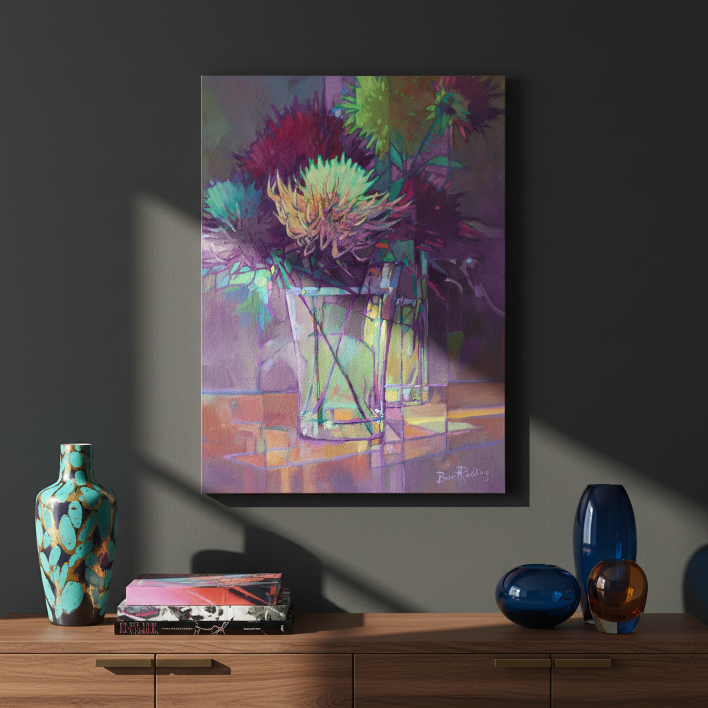 Dahlias II oil painting by Brent Redding displayed in contemporary home with vibrant styling and natural light