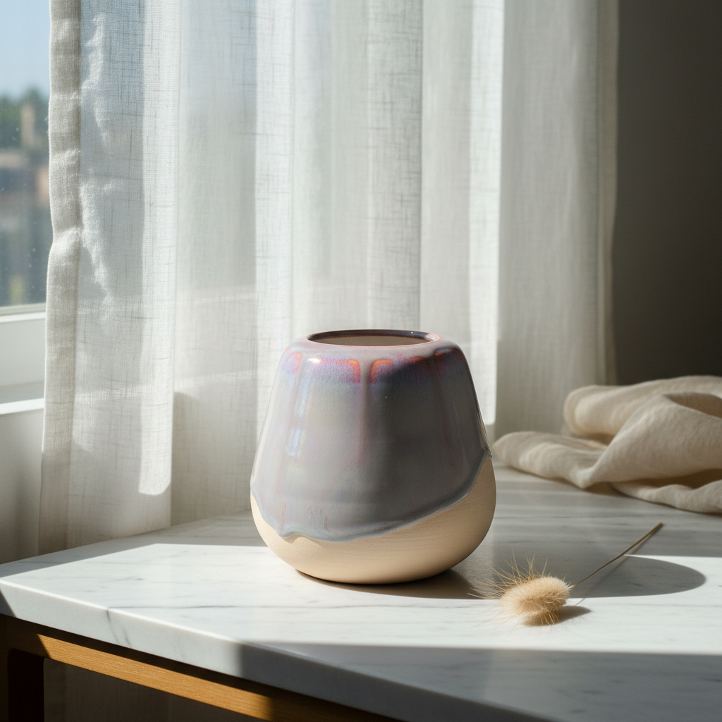 Dawn Mist Vase with soft pink and grey glazes by Karene Fairey styled on marble surface with natural light