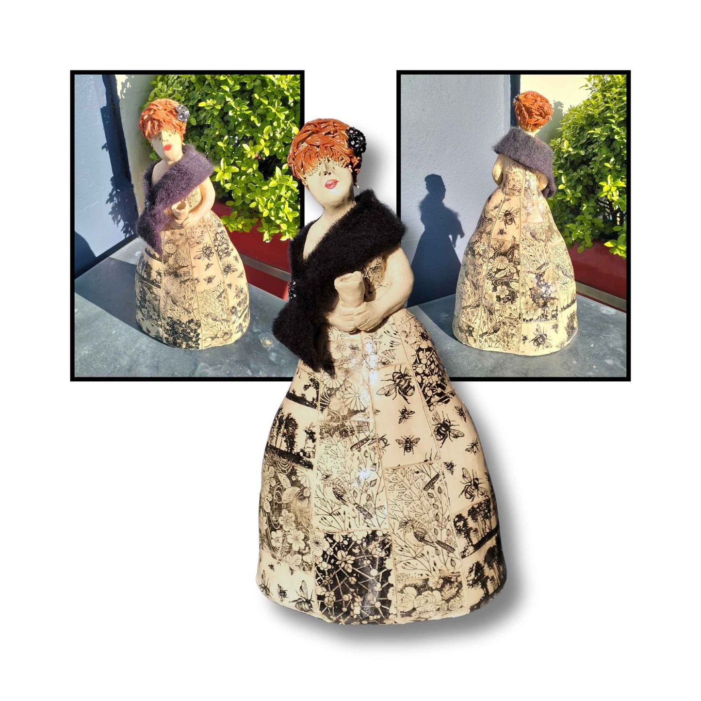 Handmade ceramic figurine with vivid red-orange hair, black shawl, and bold lipstick – Deco Darling sculpture by Mandy Olson.
