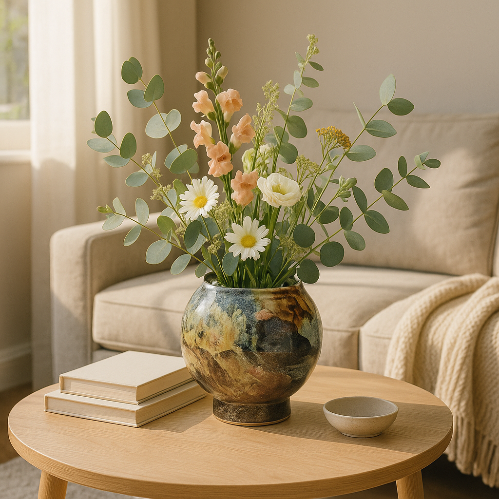 Vase with flowers on a wooden table in a cozy living room setting