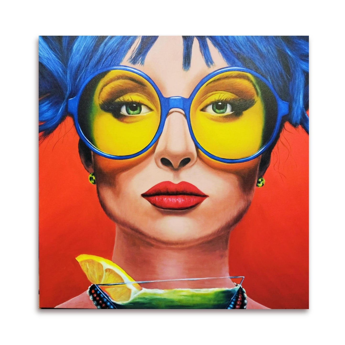 Mixed media portrait titled 'You're Too Sweet For Me' showing a sassy woman with blue hair, blue-rimmed glasses with yellow lenses, red luscious lips, holding a glass with lemon and green liquid on a red background