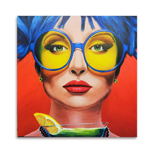 Mixed media portrait titled 'You're Too Sweet For Me' showing a sassy woman with blue hair, blue-rimmed glasses with yellow lenses, red luscious lips, holding a glass with lemon and green liquid on a red background
