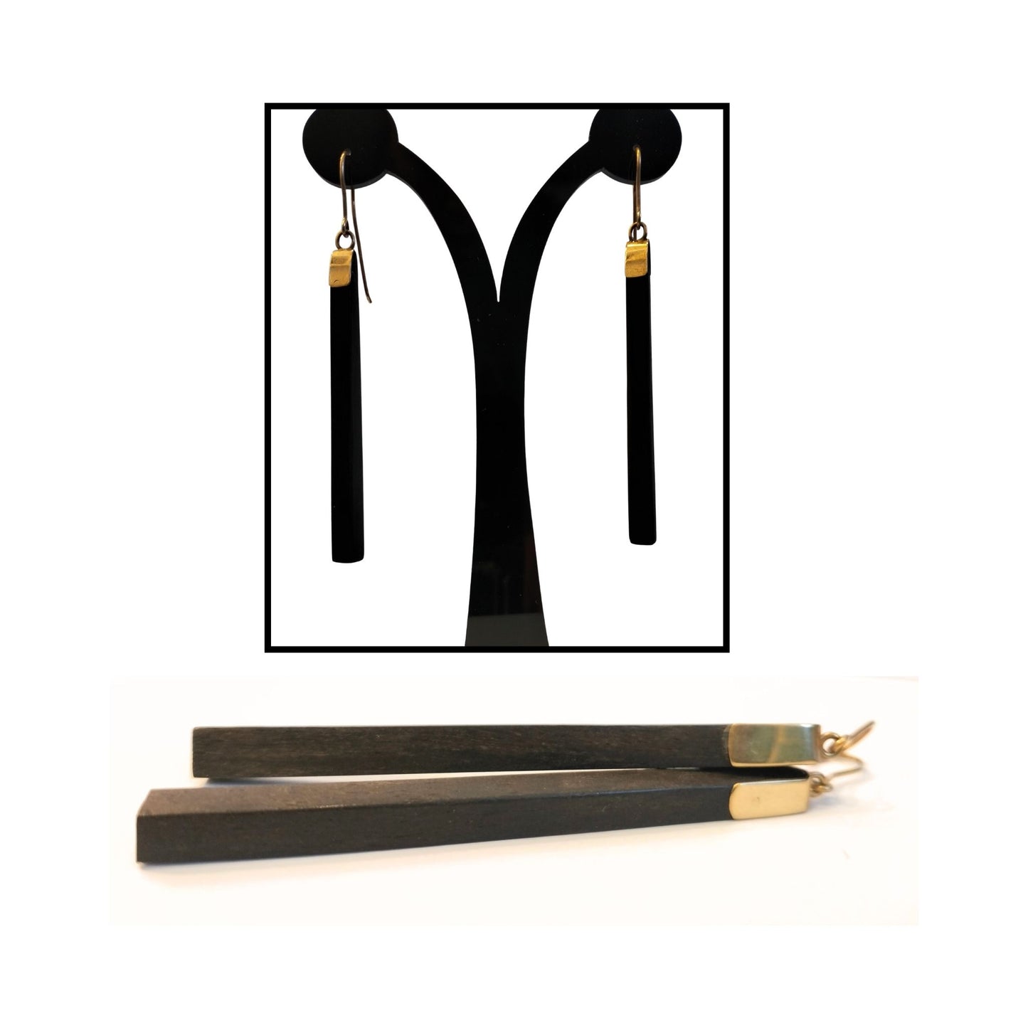 Ebony drop earrings by Kim Jobson featuring rectangular black wood and 9ct gold earwire and cap, handcrafted in New Zealand.