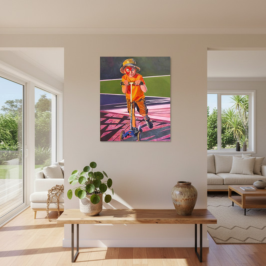 Face-paint, Focus & Fun by Janice Corbishley displayed in a contemporary NZ home interior, vibrant figurative painting of a child on a scooter