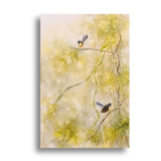 Fantails in Vines artwork by Carol Theologo styled in a modern home interior setting