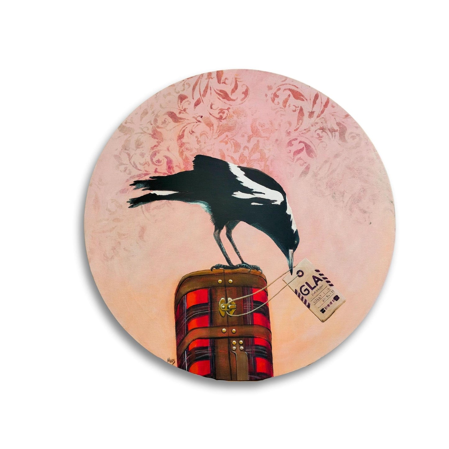 Close-up detail of whimsical magpie painting with embossed sky – by NZ artist Mari Moore