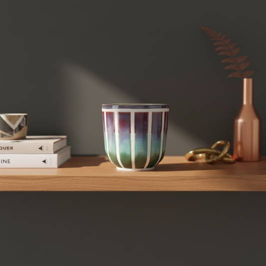 Forest Twilight Vase with vertical panel design by Karene Fairey styled in modern interior with natural light