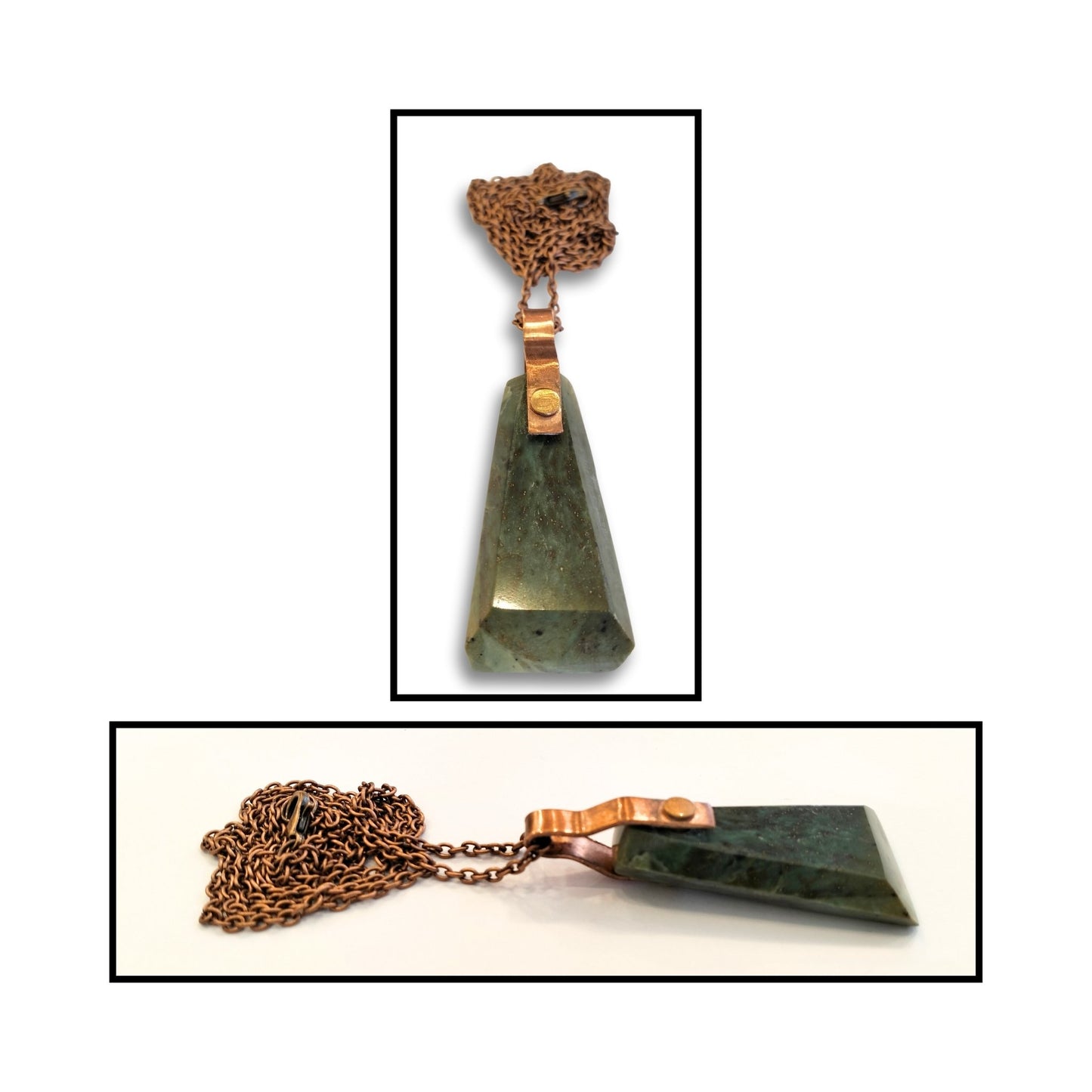 Close up angles of Greenstone and copper pendant by Gary Howse