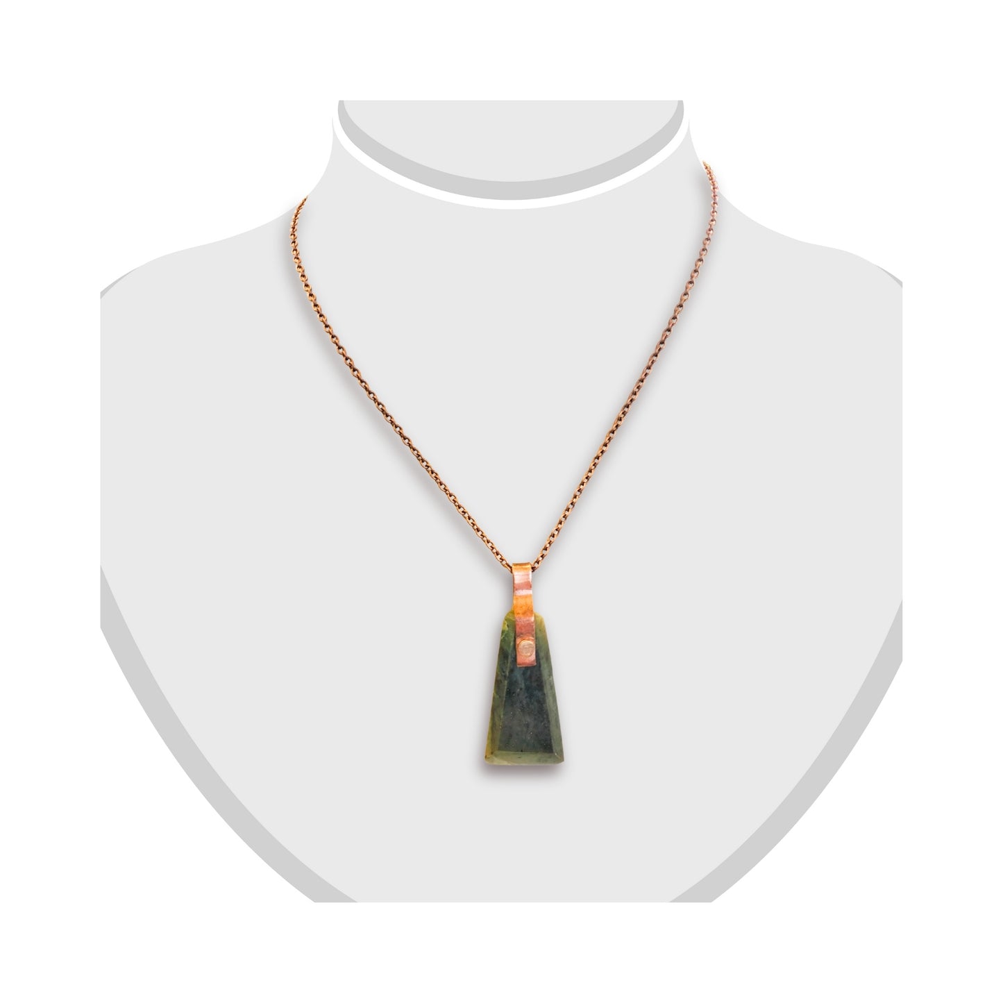 Greenstone and copper pendant by Gary Howse on white jewellery bust