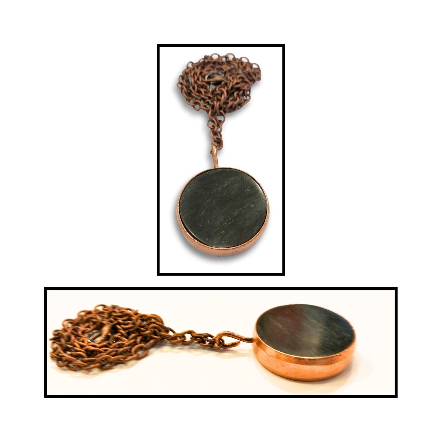 Close-up of round greenstone pendant showing tight copper edge detail.