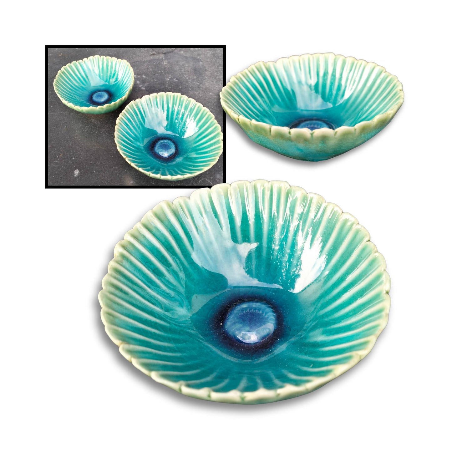 Small turquoise ceramic dish with ridged petal-like texture