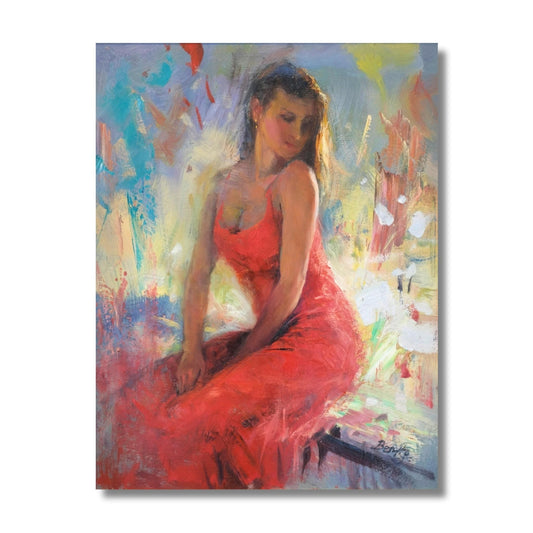 Close-up of The Gold Earring oil painting showing luminous brushwork and vibrant coral tones