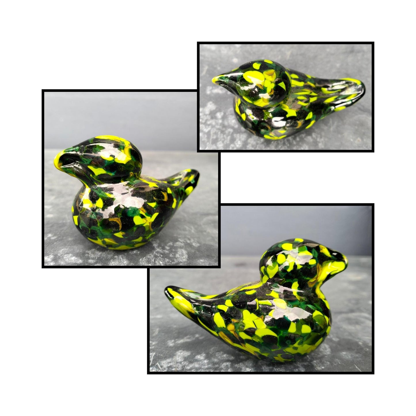 Handblown green, lime spotted glass bird by Heather Kremen with smooth curves and glossy finish