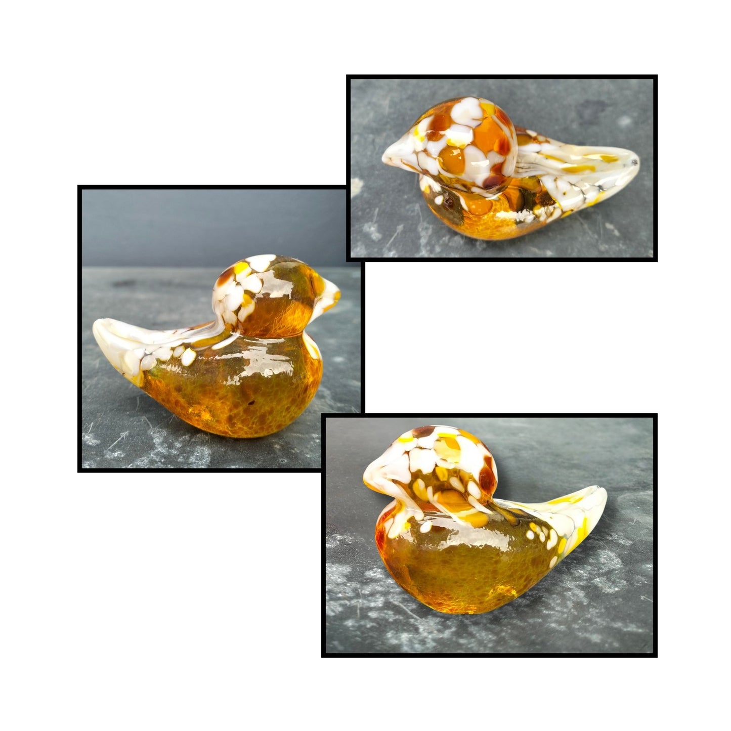 Handblown peach, apricot, orangey glass bird by Heather Kremen with smooth curves and glossy finish
