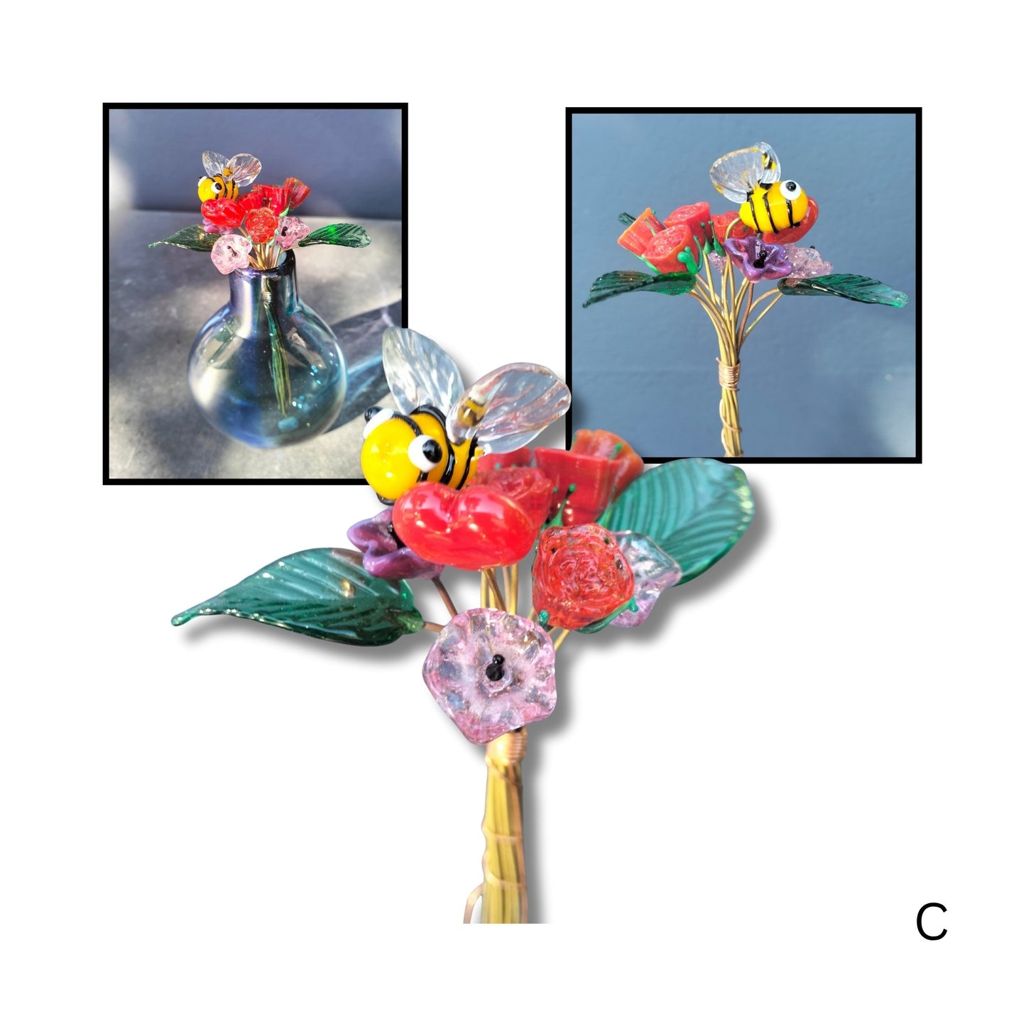 Glass bouquet C featuring bee, flower, and small redflowers