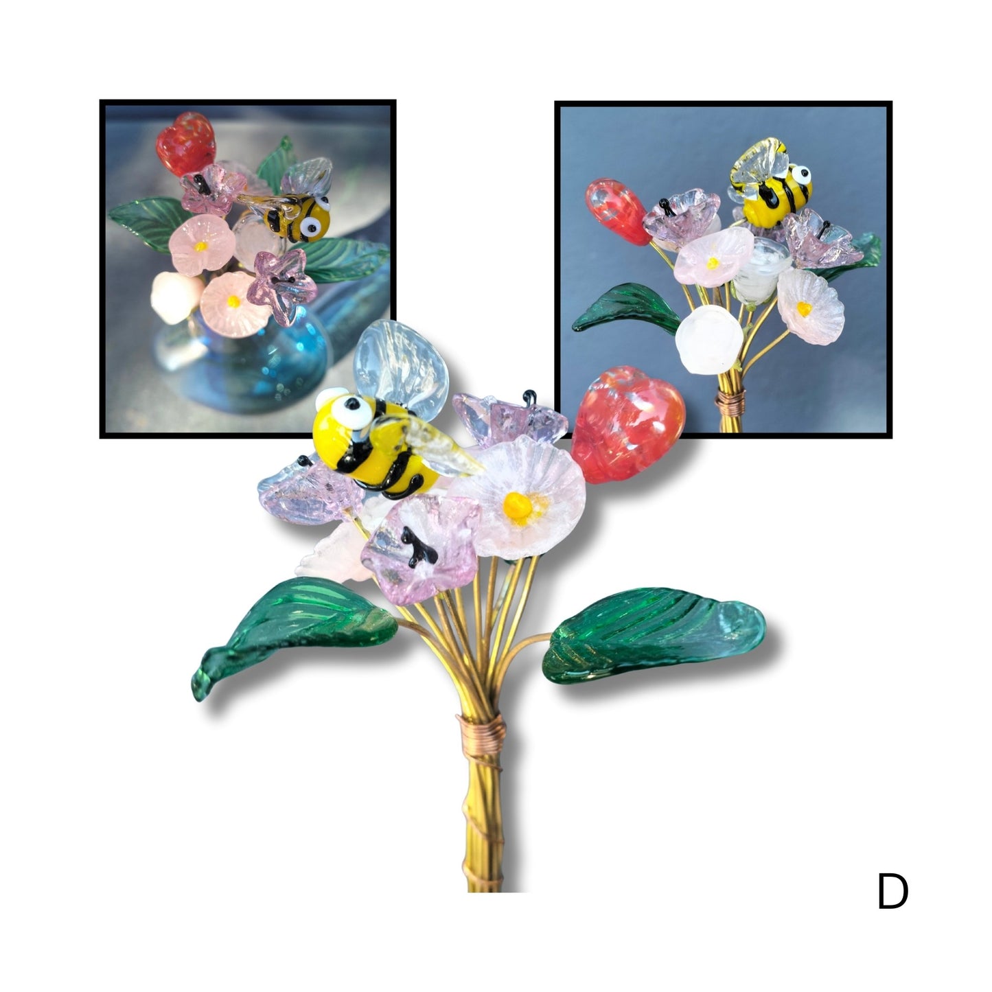 Glass bouquet D with mixture coloured flowers, and bee on copper stems.