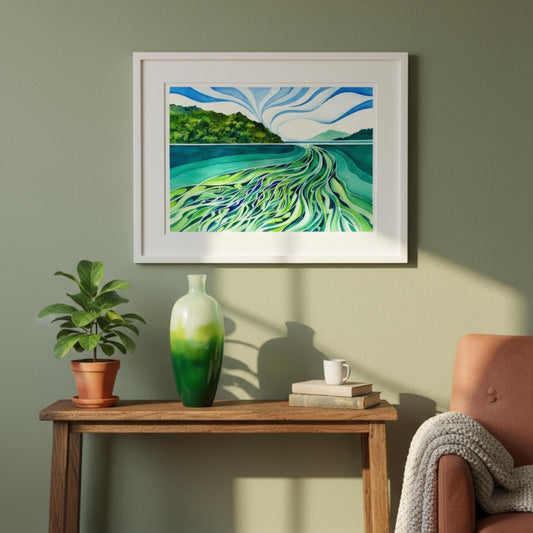 Framed artwork of a landscape with water and mountains on a wall above a wooden table with decor items.