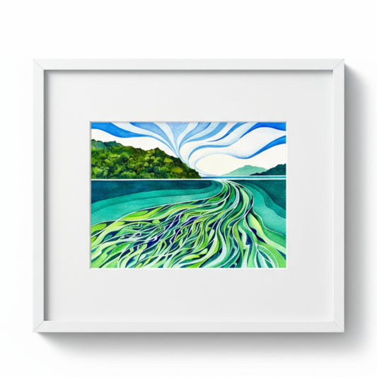 Framed artwork of a stylized landscape with green and blue tones.