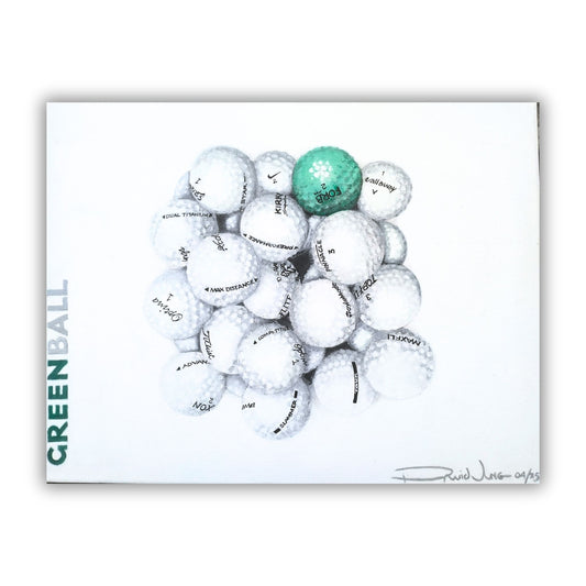 Collection of golf balls with a green ball on a white background, featuring the brand 'GreenBall'.