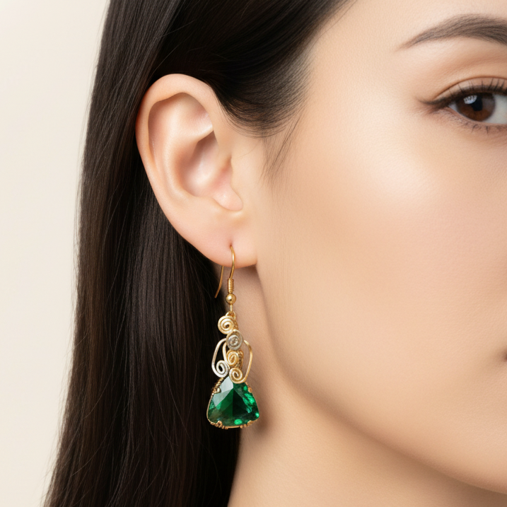 Green garnet earrings on model product shot
