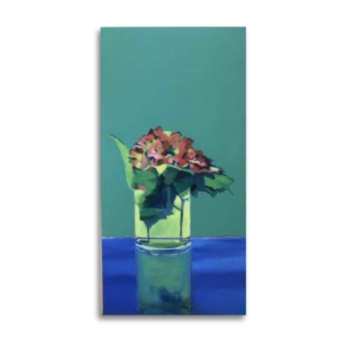 Minimalist painting of a pink flower in a clear vase against a matte turquoise background with a blue table surface and soft reflection