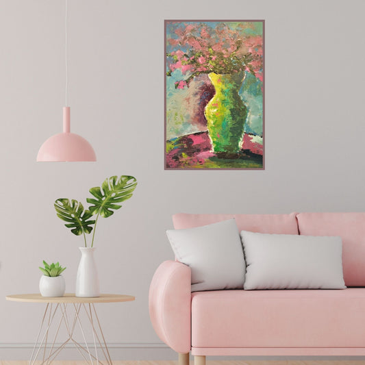 Original acrylic painting by Jenny Bishop titled Green Vase II, showing pink flowers in a shapely green vase in stylish home seting