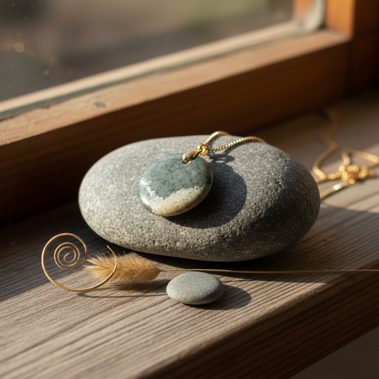 Round greenstone pendant by Gary Howse draped over driftwood in a warm NZ windowsill setting with dried native grass and river stone