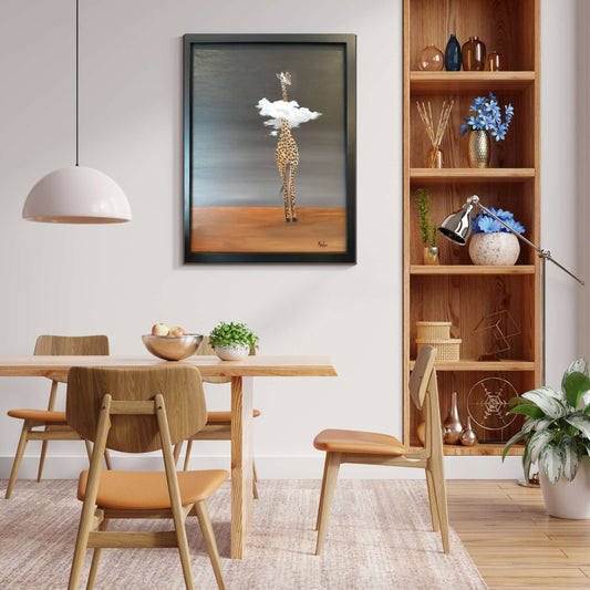 Dining room with wooden table, chairs, and Marion Aitken painting adding warmth and personality to an interior space.
