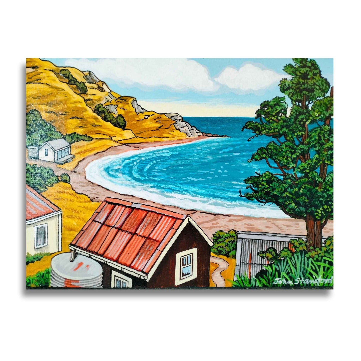 Colorful painting of a coastal scene with houses and a beach.