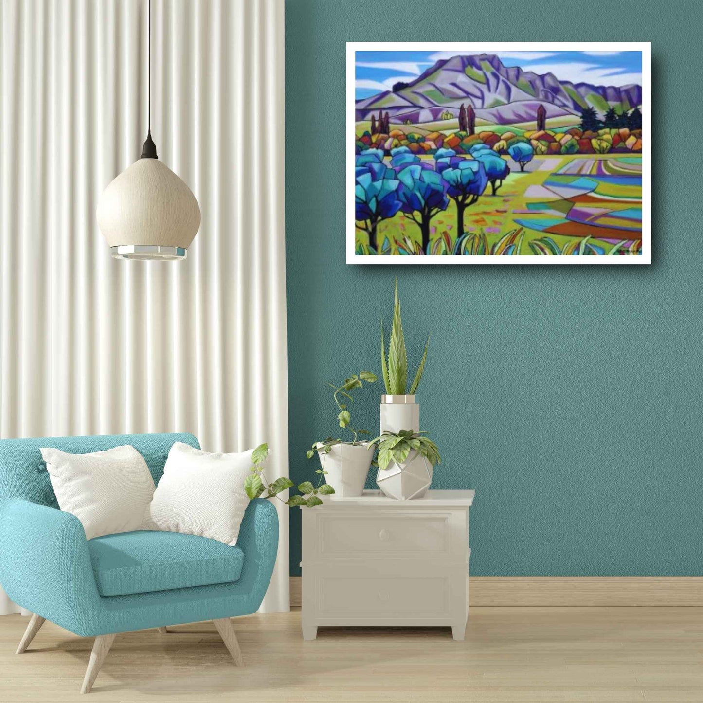 Olives in the Valley painting by Helena Verhaaren showing a colourful landscape with olive trees, patchwork farmland, and Te Mata Peak in the background in a mockup living room