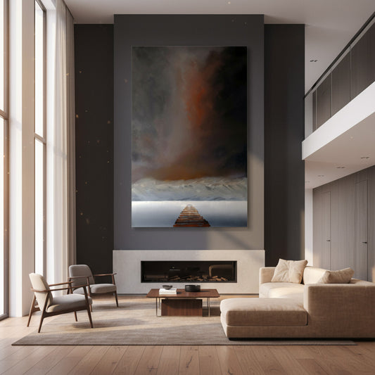 Modern living room with a large abstract painting by artist Bruce Mortimer above a fireplace.