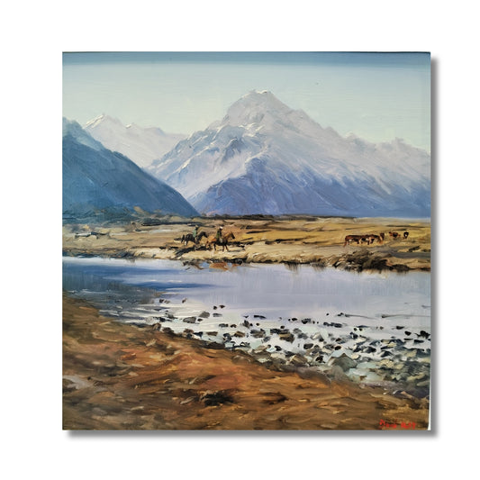 Horseman Tasman Valley, original oil on board by Don Hill, two horsemen mustering cattle below Aoraki Mount Cook with river and tussock flats - close up, no frame