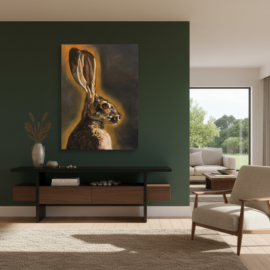 I See You hare portrait by Liz Petrie displayed in contemporary home as statement piece with moody sophisticated styling
