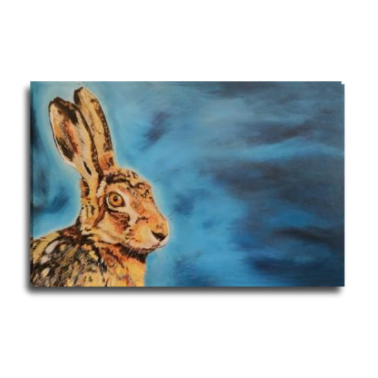 Into the Blue by Liz Petrie – close-up portrait of a hare in profile, ruddy brown coat against luminous blue background, oil on canvas.