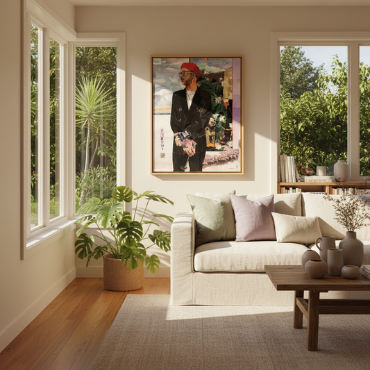 Framed original ripped paper collage portrait of a man in a red beanie and black jacket by Janice Corbishley, in a home mock up setting.